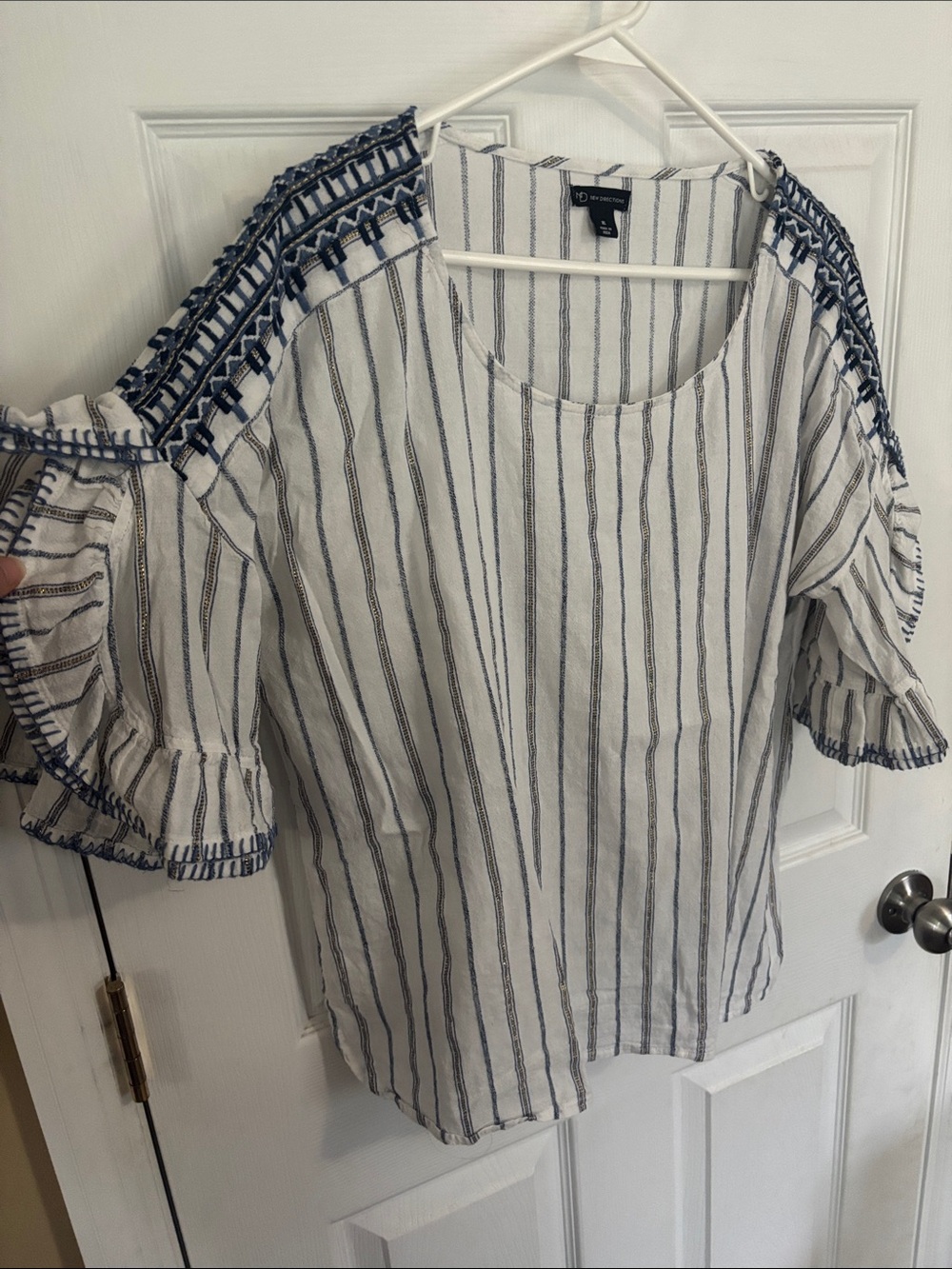 new directions White Blouse with Blue Stripe and Embroidered Shoulders